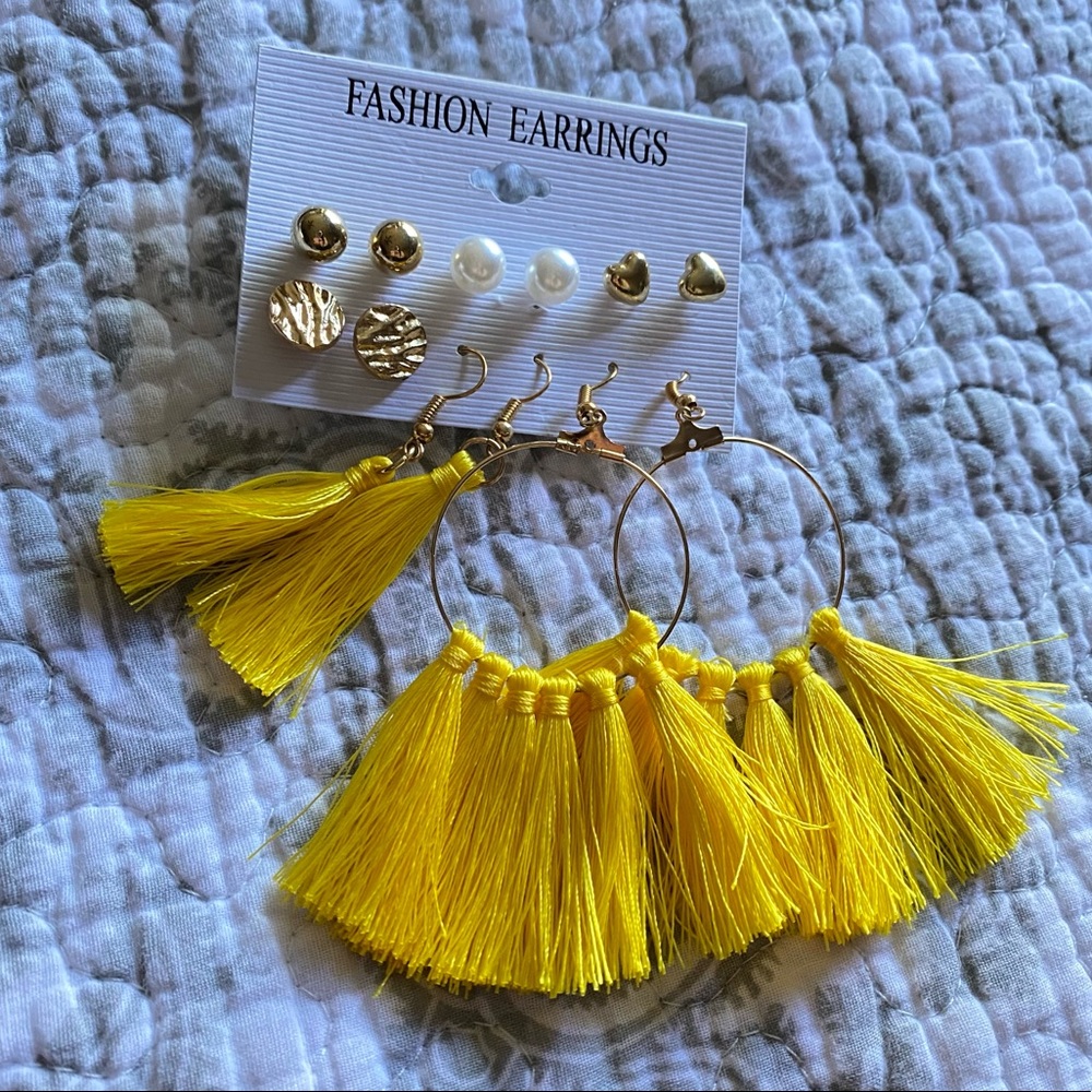 NWOT Set of 6 Gold and Yellow Tassel Earrings